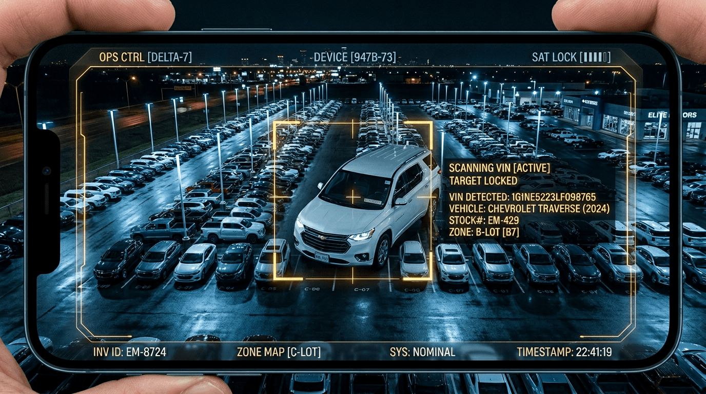 LotSync lot operations — aerial view of dealership with VIN scanning interface